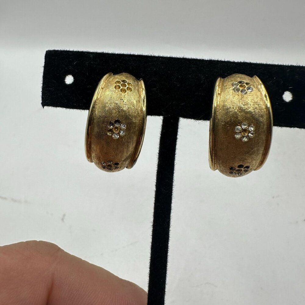 Vintage BSK Gold-Tone Clip-On Earrings With Rhinestone Floral Design